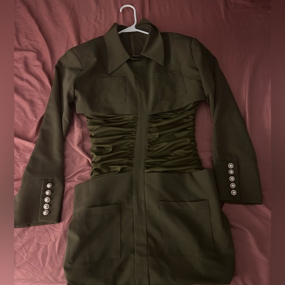 Army Green Uniform Ruched Mini Dress - Picture 7 of 7